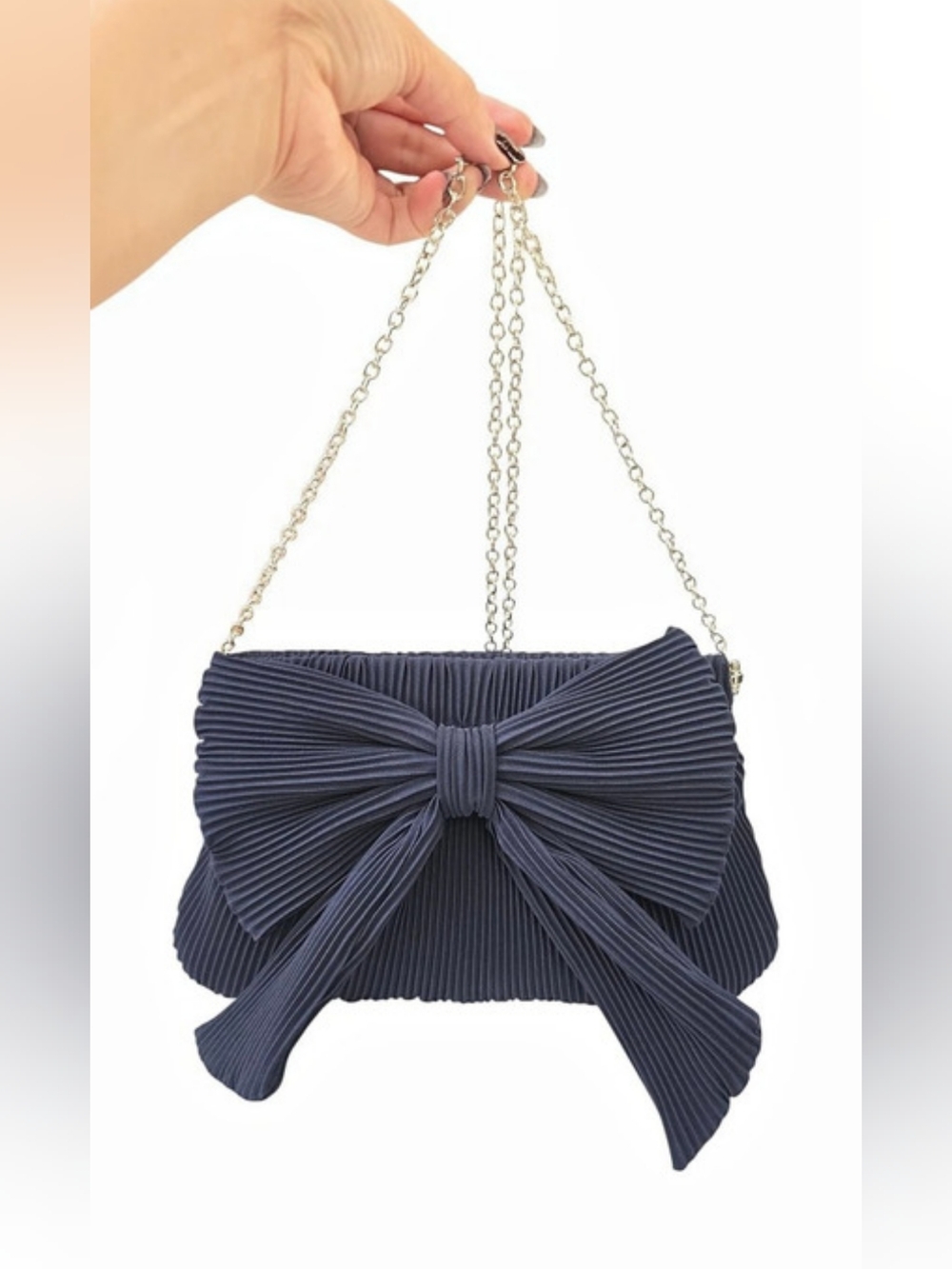 Jessica McClintock Bow Pleated Clutch Pleated Bow Chain Clutch in Blue Like New